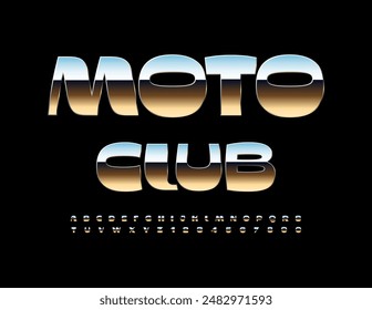 Vector de moda Sign Moto Club. Elegante fuente metálica. Letras y números únicos del alfabeto de plata