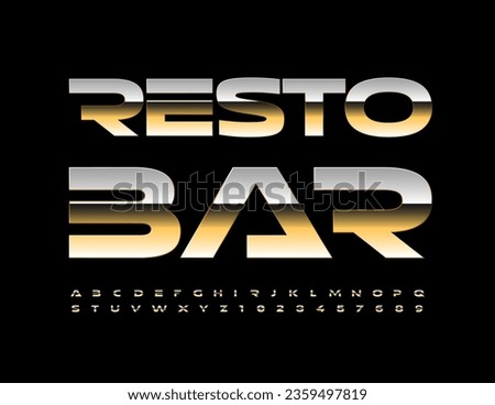 Vector trendy Sign Resto Bar. Elite Golden Font. Chic Alphabet Letters and Numbers set