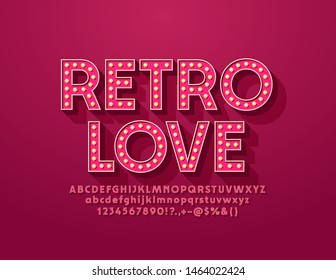 Señal de moda vectorial Retro Amor con fuente de lámpara rosa. Bombilla de luz antigua Alfabetización letras, números y símbolos