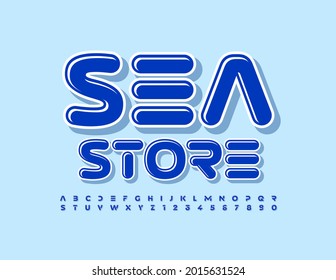 Tienda de señas de moda vectorial en el mar. Fuente azul brillante. Letras y números alfabéticos artísticos