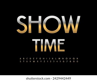 Vector trendy Sign Show Time. Exclusive Golden Font. Modern Alphabet Letters and Numbers.