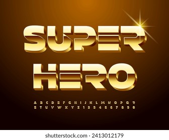 Vector trendy Sign Super Hero. Futuristic style 3D Font. Cool Gold Alphabet Letters and Numbers set.