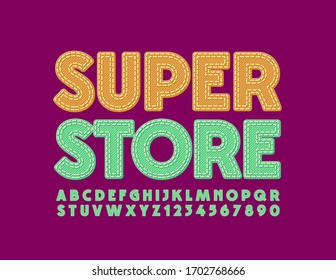 Señal de moda vectorial Super Store. Fuente verde jeans. Denim letras y números alfabetos con puntos