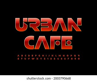 Vector trendy sign Urban Cafe. Red and Gold Alphabet Letters and Numbers. Creative modern Font