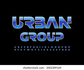 Vektor-Trendschild Urban Group. Blau und Gold glänzende Schriftart. Modernes Alphabet-Letters- und Nummernset