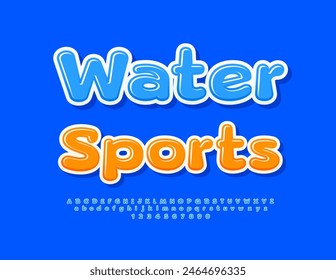 Vector trendy sign Water Sports. Glossy Blue Font. Bright Alphabet Letters and Numbers set.