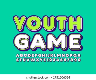 Vector trendy sign Youth Game with modern Font. Decorative Alphabet Letters and Numbers