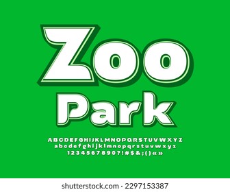 Vector trendy sign Zoo Park with stylish Font. White an Green Alphabet Letters, Numbers and Symbols set