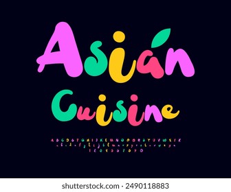 Vector de moda cartel de cocina asiática. Fuente colorida divertida. Juego de letras y números de alfabeto de juego brillante.