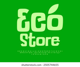 Vector trendy signboard Eco Store. Funny Bright Font. Playful Alphabet Letters and Numbers.