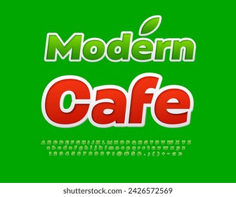 Vector trendy signboard Modern Cafe. Bright Green Font. Stylish Alphabet Letters and Numbers.