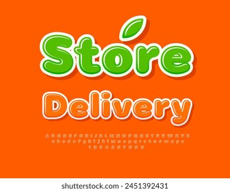 Vector trendy signboard Store Delivery. Orange Glossy Font. Modern Alphabet Letters and Numbers set.