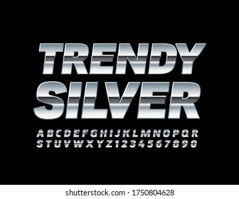 Vector Trendy Silver Font. 
Shiny Metallic Alphabet. Reflective Letters and Numbers 