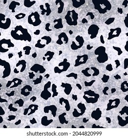 Vector trendy silver leopard spot shiny seamless pattern. Wild animal cheetah skin gray metallic foil texture for fashion print design, wrapping, digital paper, wallpaper, background.