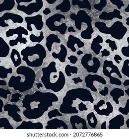 Vector trendy silver leopard spot shiny seamless pattern. Abstract wild animal cheetah skin gray metallic foil texture for fashion print design, wrapping, digital paper, wallpaper, background.