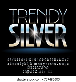 Vector trendy Silver set of glossy Alphabet  letters, symbols and numbers 