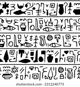 Vector trendy simple hand drawn illustration seamless pattern border of symbols like Egyptian hierogliphs on white background svg