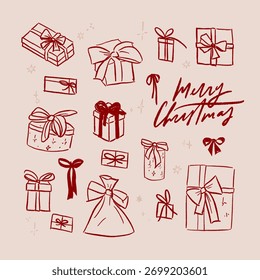 Vector trendy sketch line drawing Christmas gift box collection. Stylish doodle festive presents illustration. Elegant traditional minimalist boxes with bows set. Modern holiday season print elements.