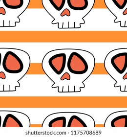 Vector trendy skull head halloween on stripes orange background. Colorful illustration for baby and children fashion print and textile.