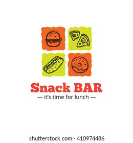 Vector trendy snack bar logo in doodle style. Sketchy cafe logo