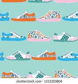 Vector trendy sneakers seamless pattern. Hand drawn illustration of athletic footwear. Colorful design for wrapping and stationery.