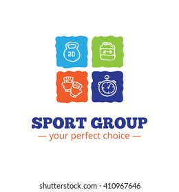 Vector trendy sport equipment shop logo in doodl style