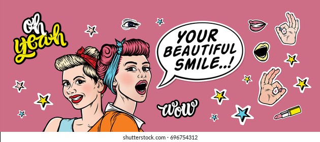 Vector trendy sticker set in 80s style. Retro comic girls, hand lettering quote "your beautiful smile". 