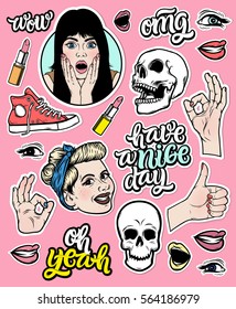 Vector trendy sticker set. Smiling blonde girl, hand lettering quote "Oh Yeah", skull, lipstick.