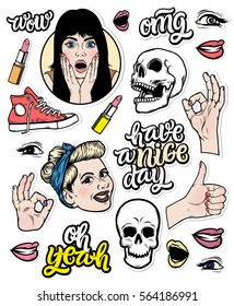 Vector trendy sticker set. Smiling blonde girl, hand lettering quote "Oh Yeah", skull, lipstick.