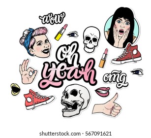 Vector trendy sticker set. Smiling girl, hand lettering quote "Oh Yeah", skull, lipstick. Fashion patch badges in trendy style. 