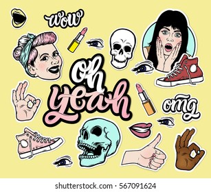 Vector trendy sticker set. Smiling girl, hand lettering quote "Oh Yeah", skull, lipstick. Fashion patch badges in trendy style. Teenage girl.