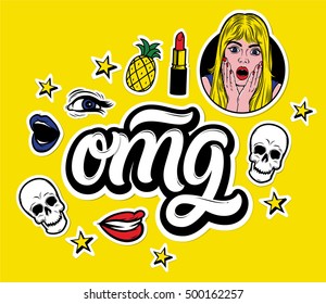 Vector Trendy Sticker Set. Surprised Blonde Teenager Girl, Lips, Lipstick, Stars, Skulls, Hand Lettering Quote "omg" and Other Elements. Oh my good.