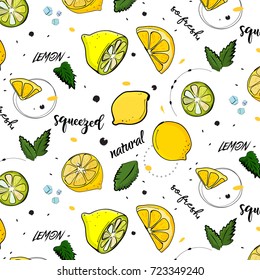 Vector trendy summer decoration. Lemon fruit drawing with mint leaves. Fresh juicy vegetarian sweet texture. Fabric tropical exotic drawing. Tropical fruit. Sketch. Doodle. Perfect for summer design.