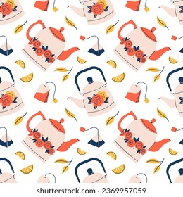 Vector trendy tea time seamless pattern. Cozy background with tea kettles, tea bags, leaves and lemons. Pattern in red, yellow and dark blue colors. Wrapping or textile design.
