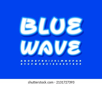 Vector trendy template Blue Wave. Handwritten Alphabet Letters and Numbers set. Stylish Sticker Font