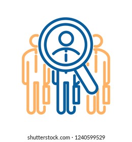 Vector trendy thin line icon with 3 business men and a glass magnifier analyzing one of them. For concepts of job recruitment,success, professional opportunities searching, talent and human resources