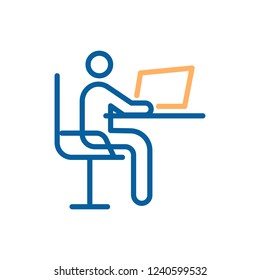 Vector trendy thin line icon. Illustration of a man sitting at a desk using a computer