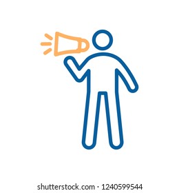 Vector trendy thin line icon with a man and a loudspeaker. Illustration of a person with a megaphone for concepts related with communication