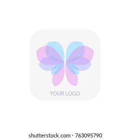 Vector trendy transparent pink blue butterfly icon and logo for flower store, beauty salon, spa studio, cosmetics, fashion, fashion rooms. Sign, label, identity, emblems, template for business brand