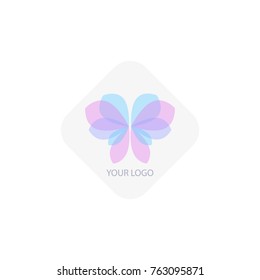 Vector trendy transparent pink blue butterfly icon and logo for flower store, beauty salon, spa studio, cosmetics, fashion, fashion rooms. Sign, label, identity, emblems, template for business brand