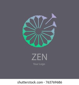 Vector trendy transparent purple green icon and logo on a dark black background of blowing dandelion seeds flower for spa massage studio, cosmetics, fashion. Template for business brand