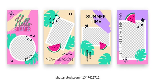 Vector trendy tropic editable set of templates for social media networks stories. Modern summer design backgrounds for flyers, cards, posters