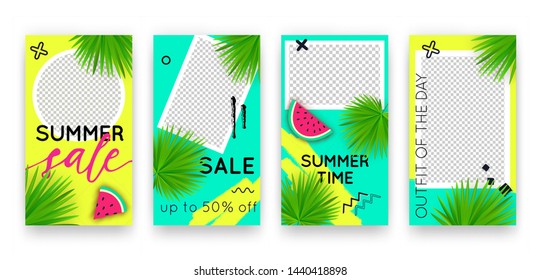 Vector trendy tropic editable set of templates for social media networks stories. Modern summer design backgrounds with watermelon and palm leaves for flyers, cards, posters, promotion