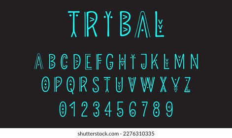 Vector trendy uppercase alphabet in ethnic style made of lines of different thicknesses. Geometric Tribal font. English Ethnic letters and numbers. Peru, Africa and Tribal inspired signs.