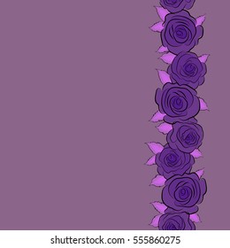 Vector trendy vertical seamless floral pattern. Stylized hand drawn violet and purple roses with copy space (place for your text).