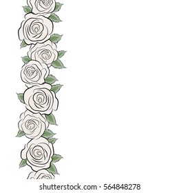 Vector trendy vertical seamless floral pattern. Stylized hand drawn beige and green roses with copy space (place for your text).