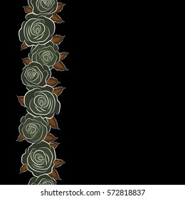 Vector trendy vertical seamless floral pattern. Stylized hand drawn brown and green roses with copy space (place for your text).