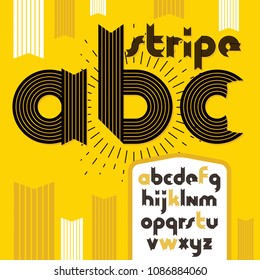 Vector trendy vintage lowercase English alphabet letters collection. Funky bold font, typescript can be used in art creation. Made with stripy decoration.