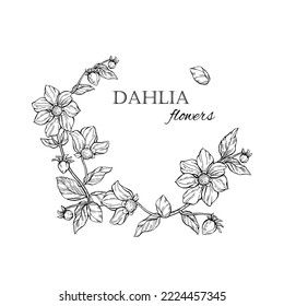 Vector trendy wreath of luxury dahlia flowers and trendy botanical elements black and white on white background. Hand drawn line leaves, branches and blooming. Elegant flowers for invitation 