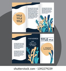 Vector tri fold brochure design with liquid forms and long leaves. Blue and yellow template for companies presentation and advertising.